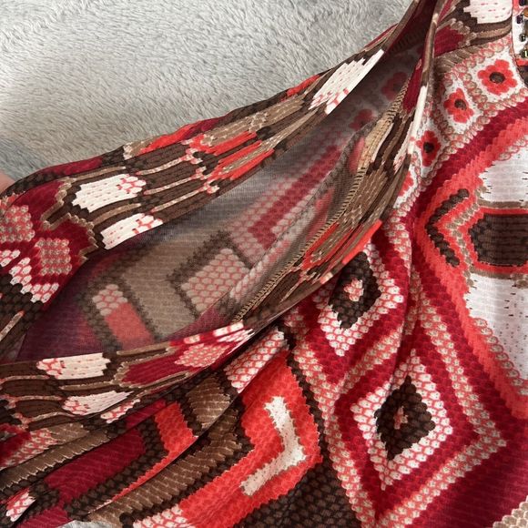 Chicos Red Brown Geometric Print Beaded Aztec Cutout Sleeve Dress Size‎ 1-US M/8 - Picture 4 of 6